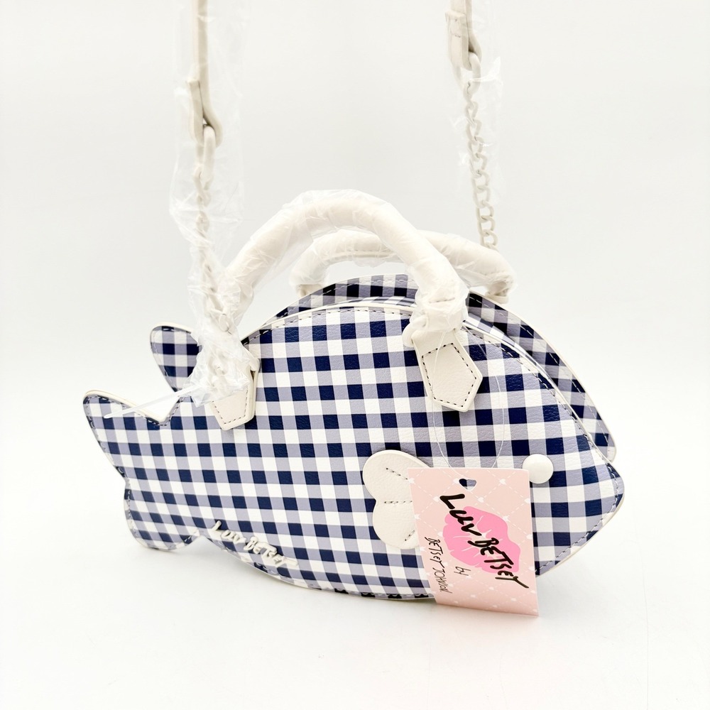 Luv Betsey LBFISH‎ Betsey Johnson Gingham Fish Crossbody Bag Navy Blue White - Picture 2 of 9